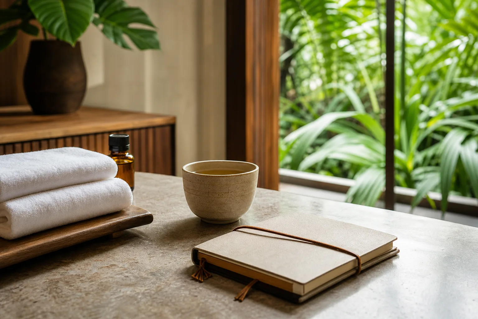 Bangkok spa day planning notebook with tea and folded towels in a calm wellness lounge