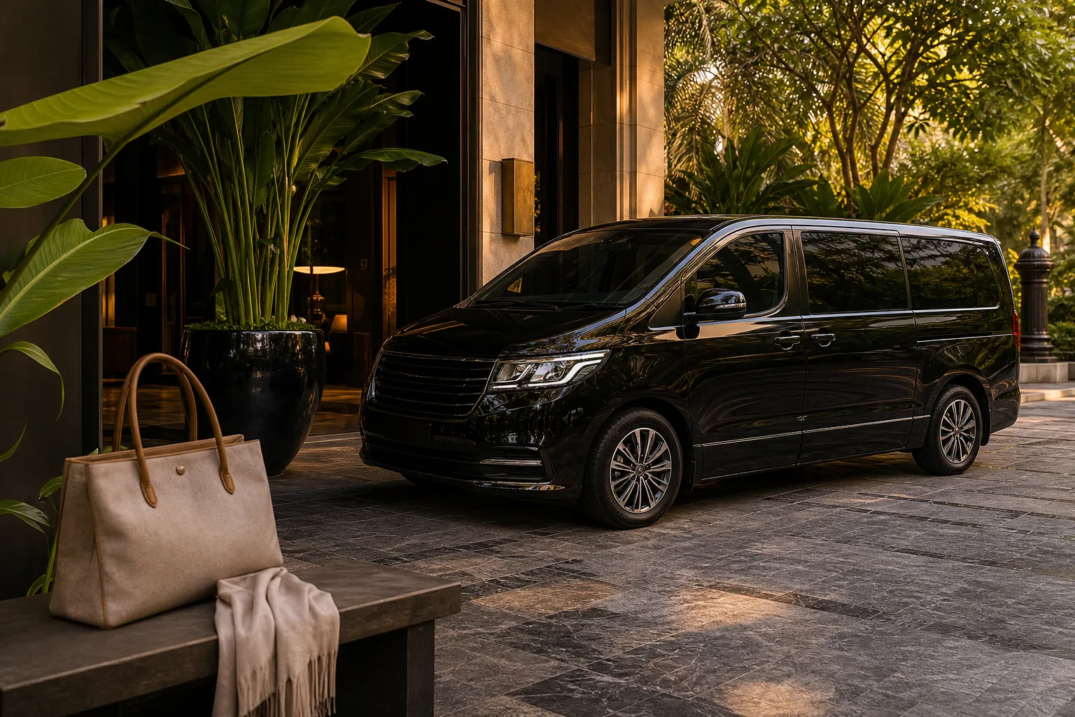 Clean black passenger van at a Bangkok hotel entrance with a spa day bag nearby
