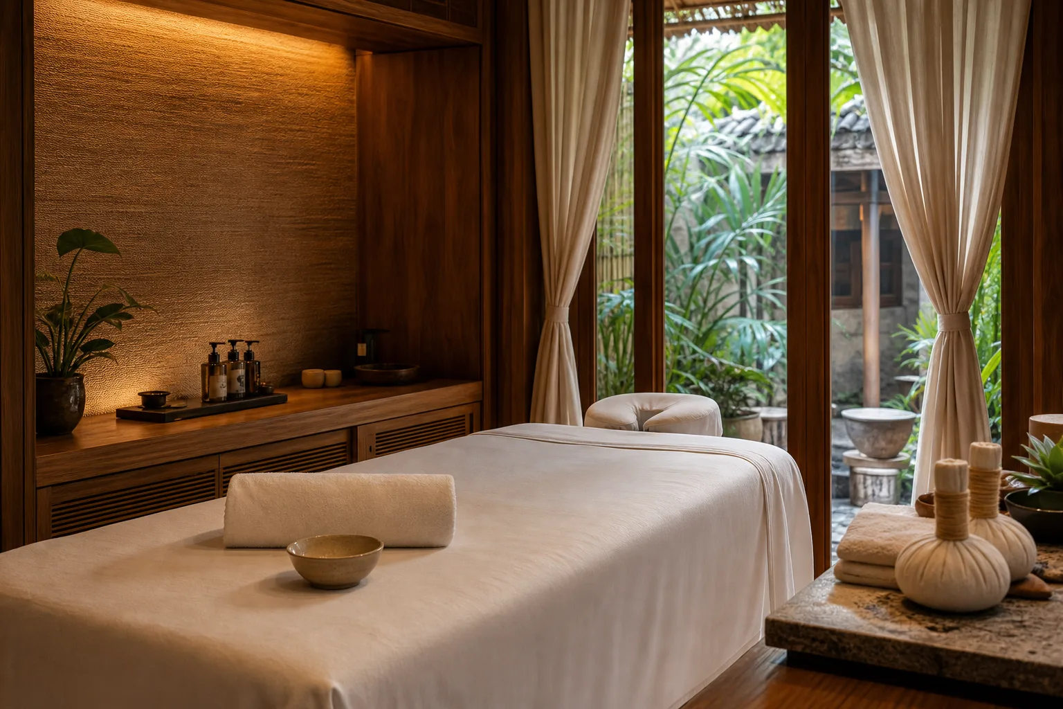Premium Bangkok wellness treatment room prepared with linen towels and warm natural light