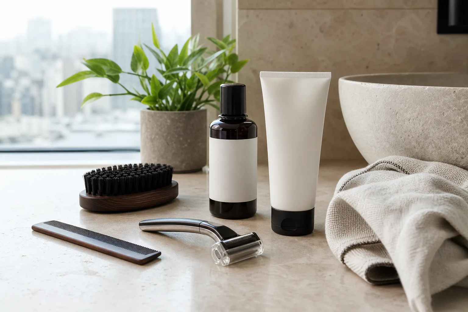 Men's beard, skincare and haircut preparation tools on a bright grooming vanity