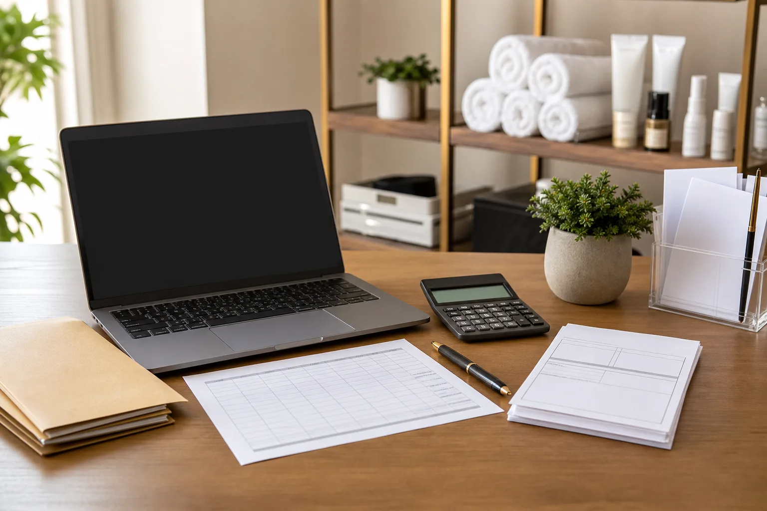 Beauty business planning desk with laptop, calculator, invoices and spa shelves