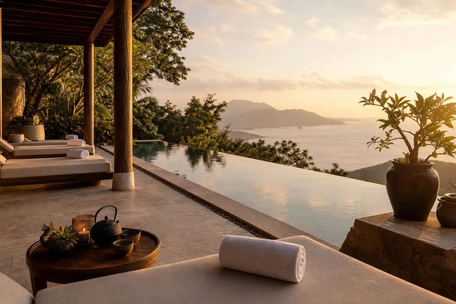 Terrasse de spa de destination avec piscine a debordement, horizon marin et lumiere doree