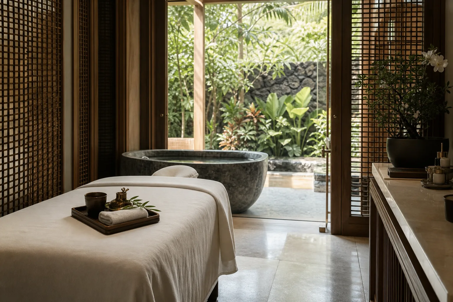 Suite de soin haut de gamme avec table de massage, bain mineral, jardin tropical et linge blanc