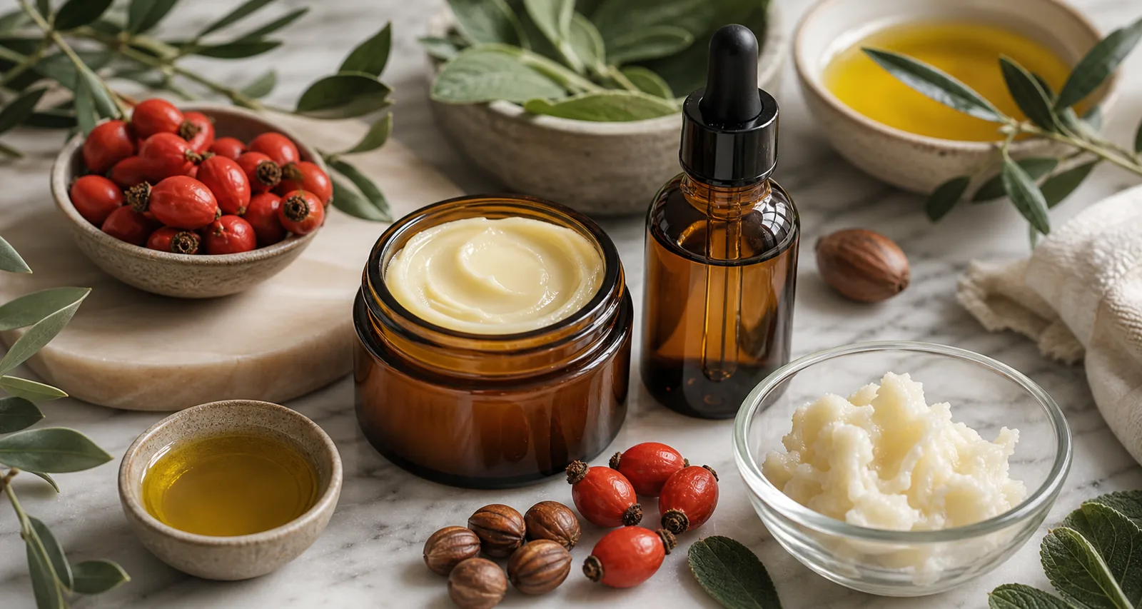 Botanical face oil and body balm ingredients on a premium spa counter