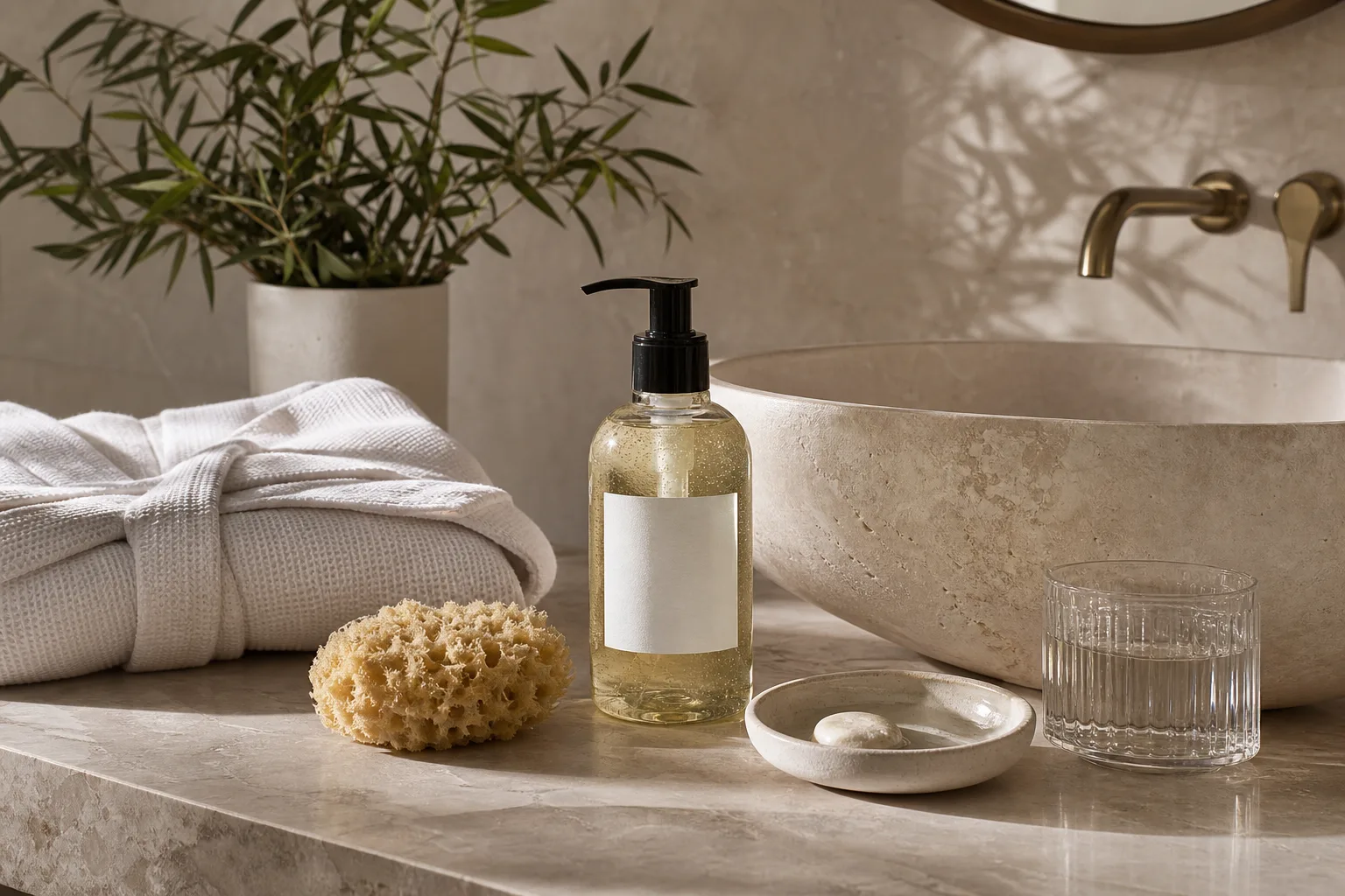 Botanical shower ritual still life with translucent cleanser, natural sponge and linen towel