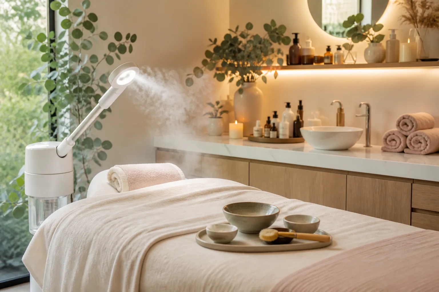Professional facial treatment room prepared with towels and skincare tools
