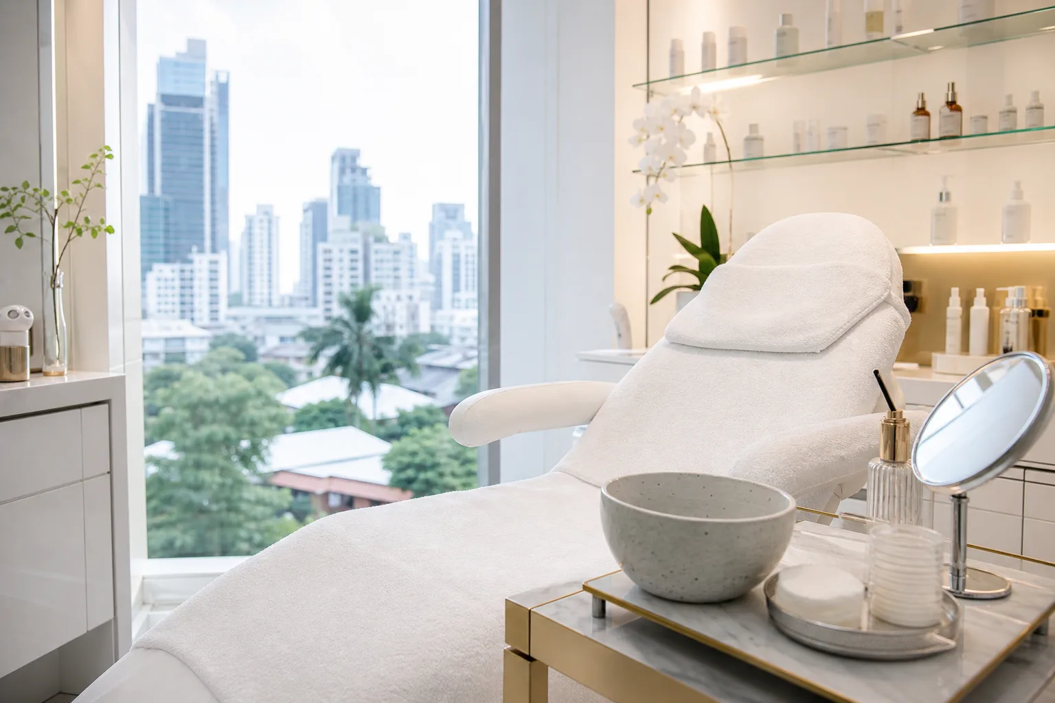 Bright Bangkok facial treatment room prepared for humid-weather skincare