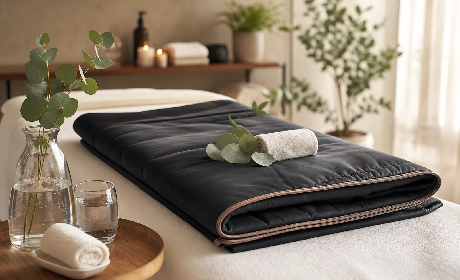 Folded infrared sauna blanket prepared on a premium spa treatment bed