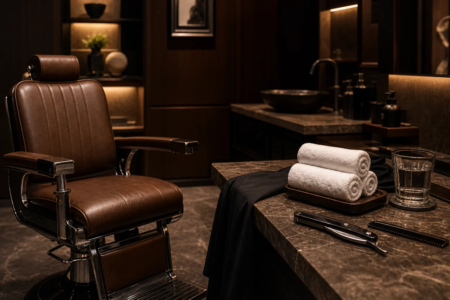 Luxury private barber lounge in Bangkok with leather chair, folded towels and warm gallery lighting