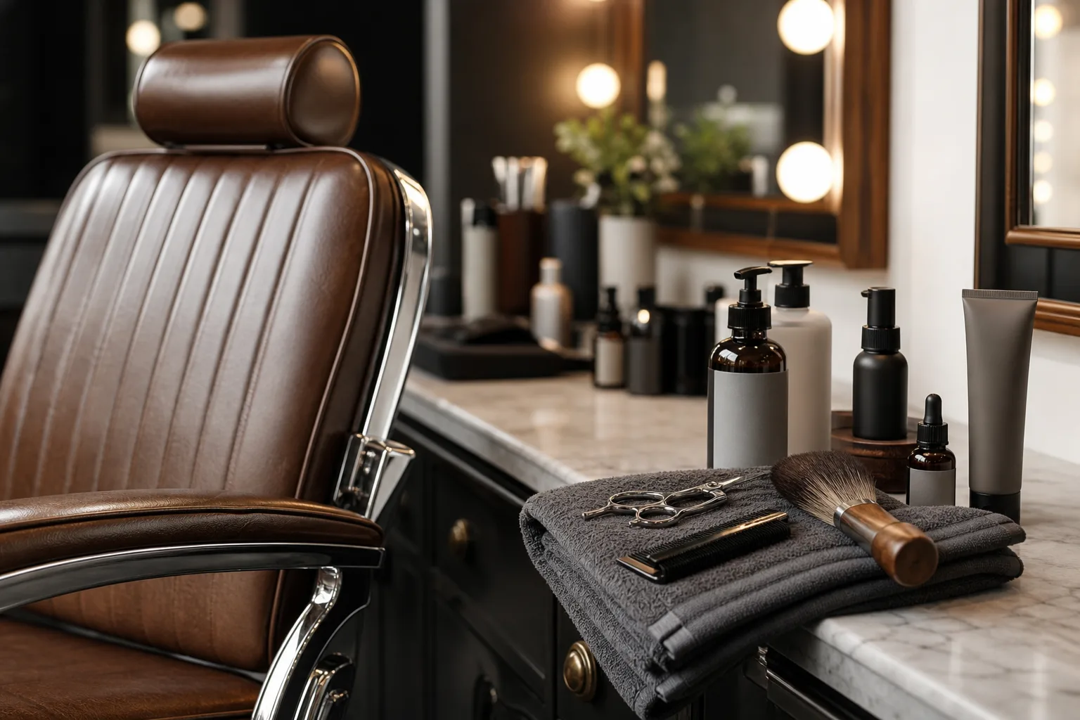 Upscale men's grooming station with leather chair, combs, scissors and neutral skincare bottles