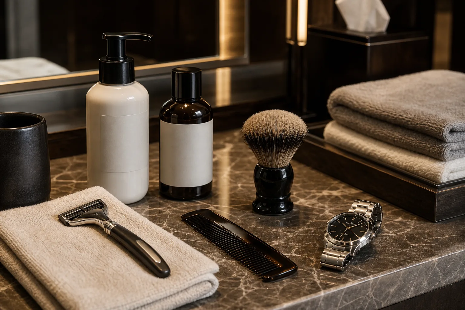 Premium men's self-care tools with cleanser, grooming brush, comb and folded linen towels