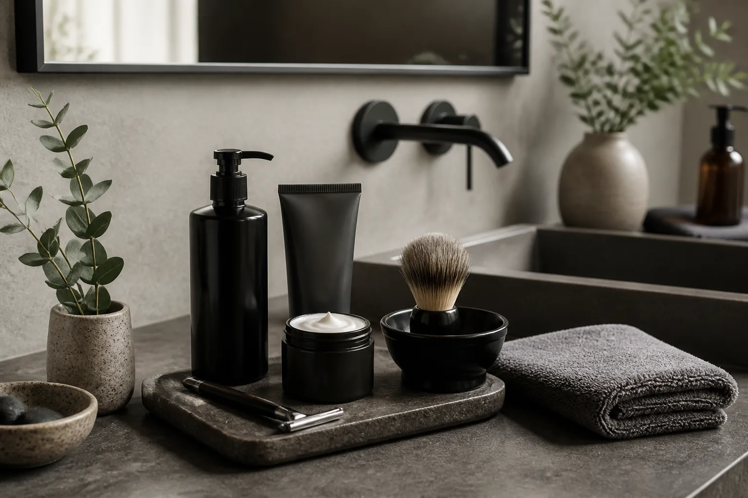 Minimal men's skincare products prepared on a premium spa vanity