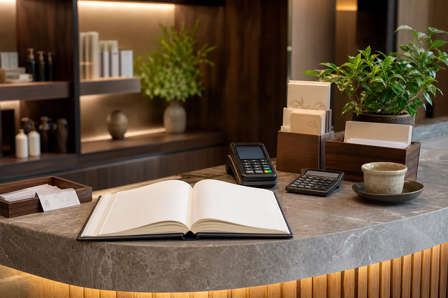 Premium spa reception desk with open ledger, receipt tray and calm appointment tools