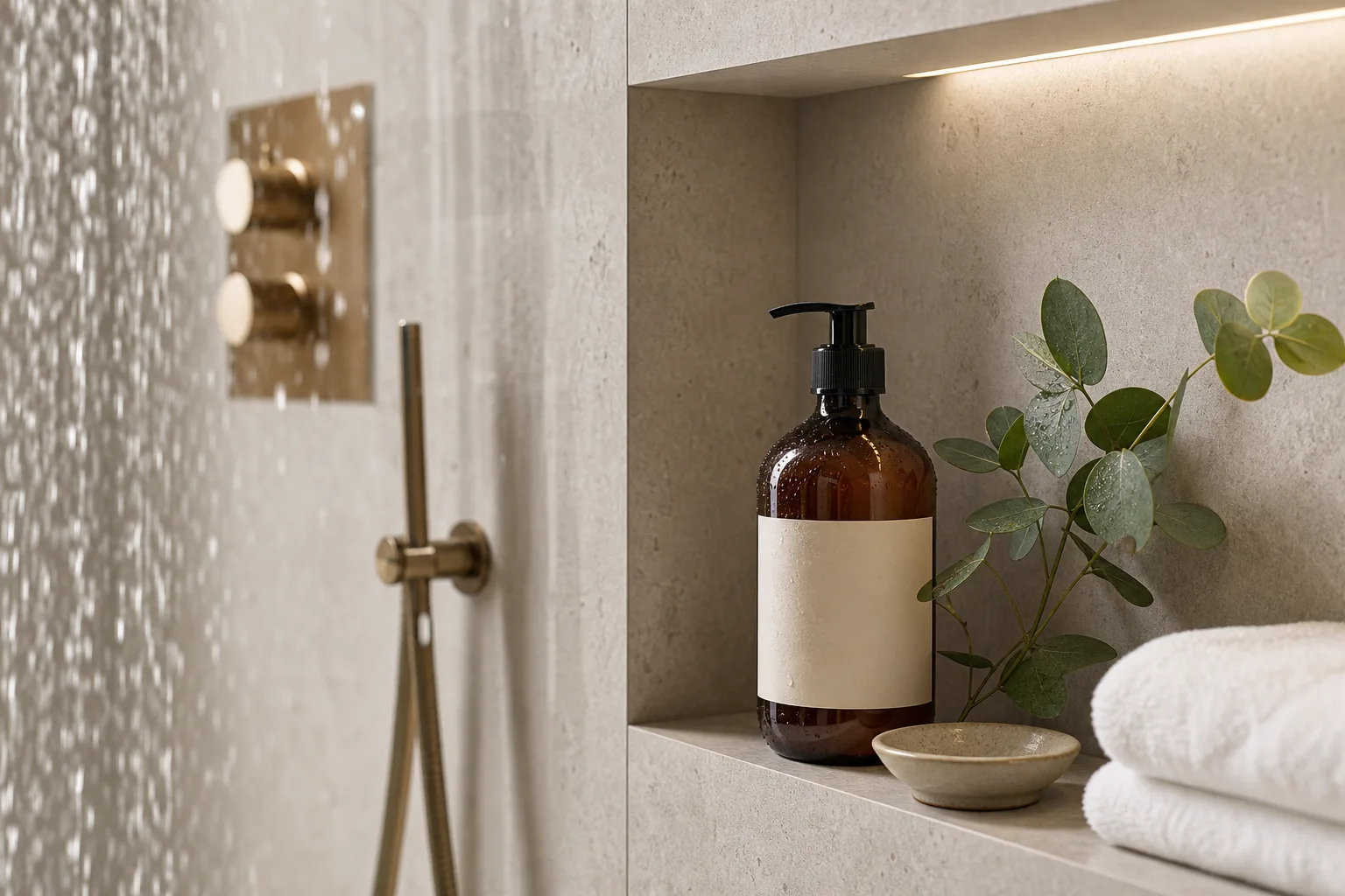 Amber shower gel bottle in a luxury spa shower niche with eucalyptus and folded towel