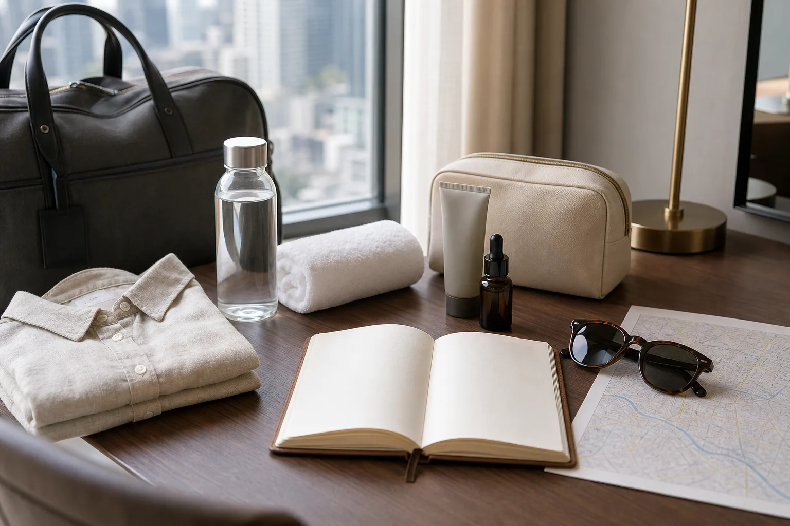Bangkok wellness travel day bag, blank itinerary notebook, water bottle and skincare pouch