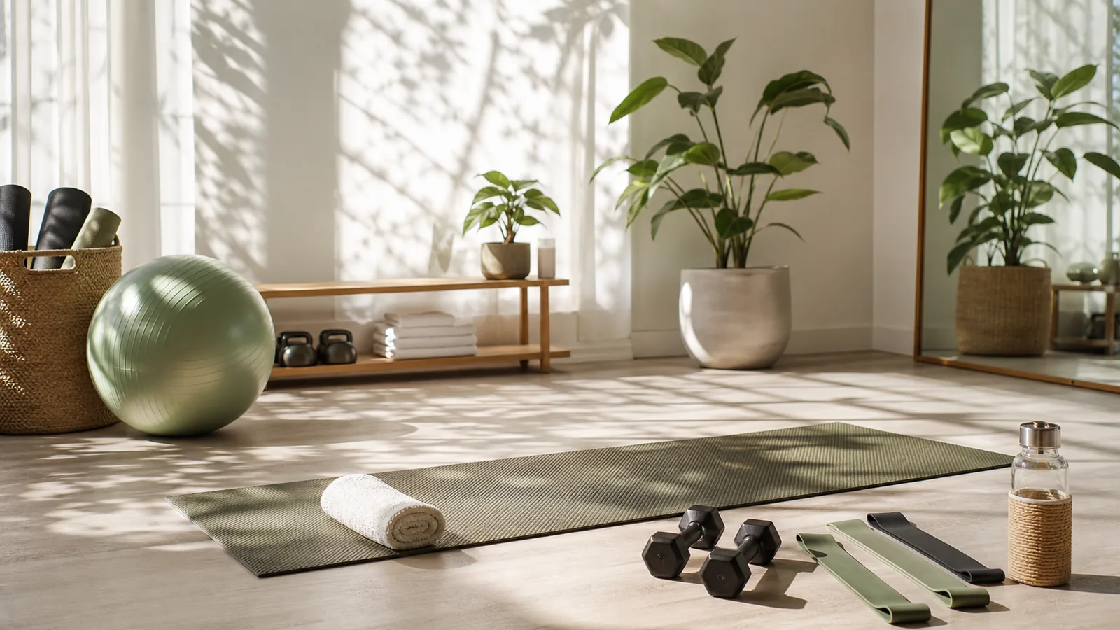 Gentle strength and mobility equipment in a calm wellness studio