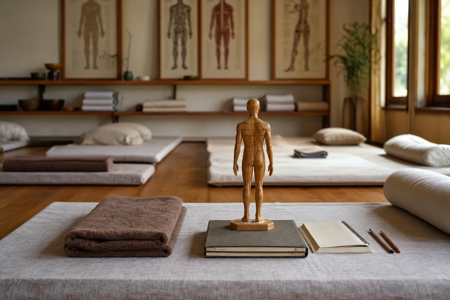 Traditional Thai wellness training room with practice mats, anatomy materials and soft morning light