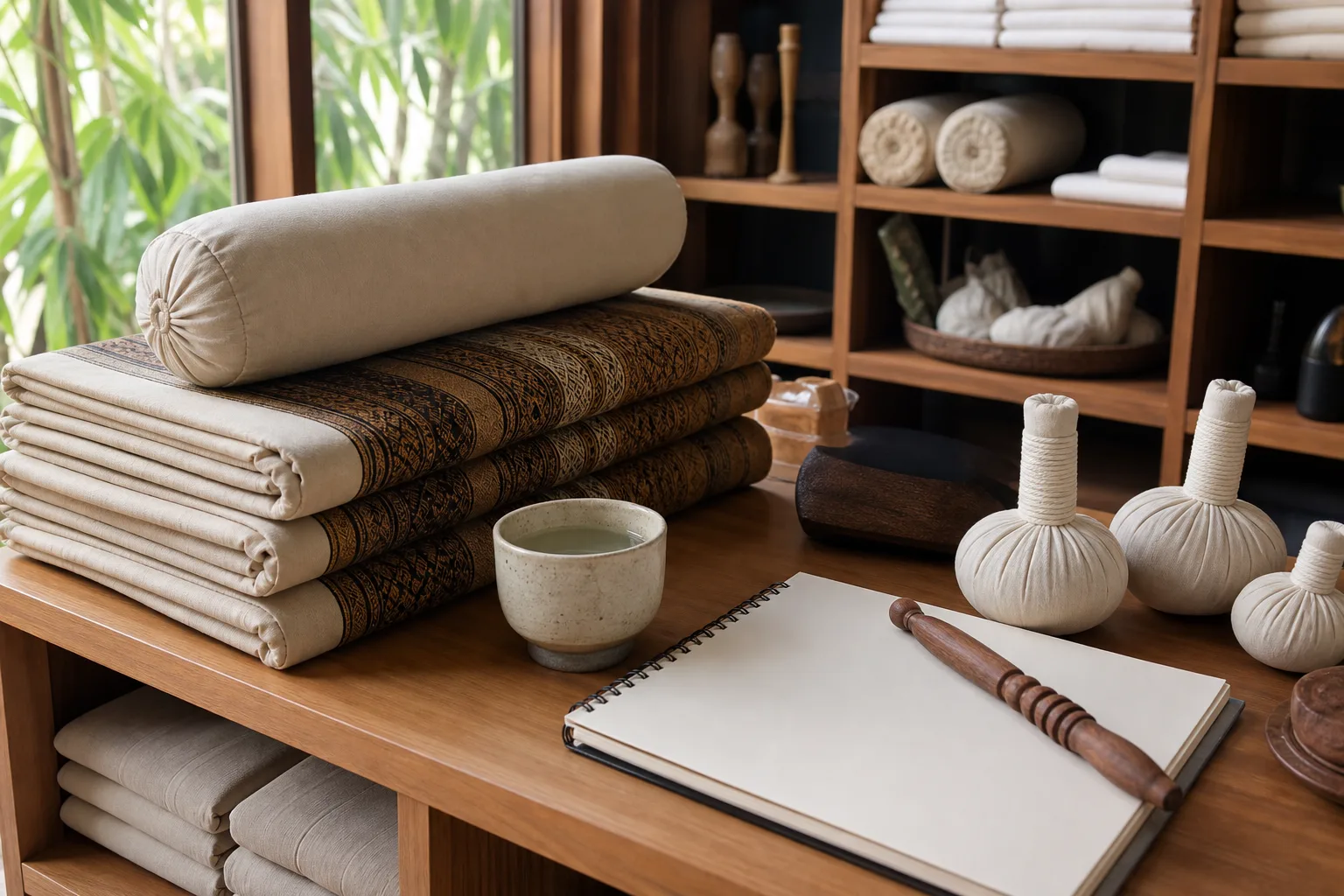 Thai wellness practice kit with folded mats, bolsters, herbal compresses and a blank notebook