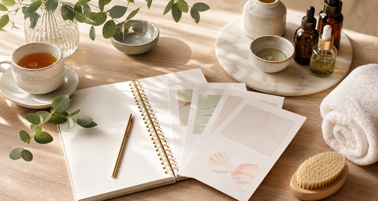Spa routine planning notebook with tea and botanical products